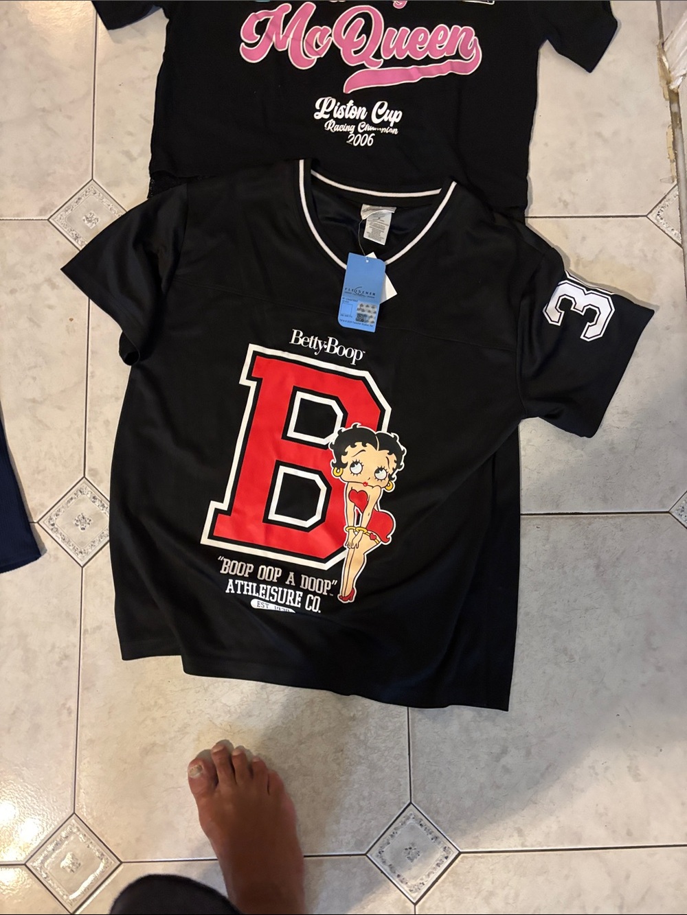 Betty Boop Black Jersey Top with Red 'B' Graphic and Pink Accents - Picture 3 of 4